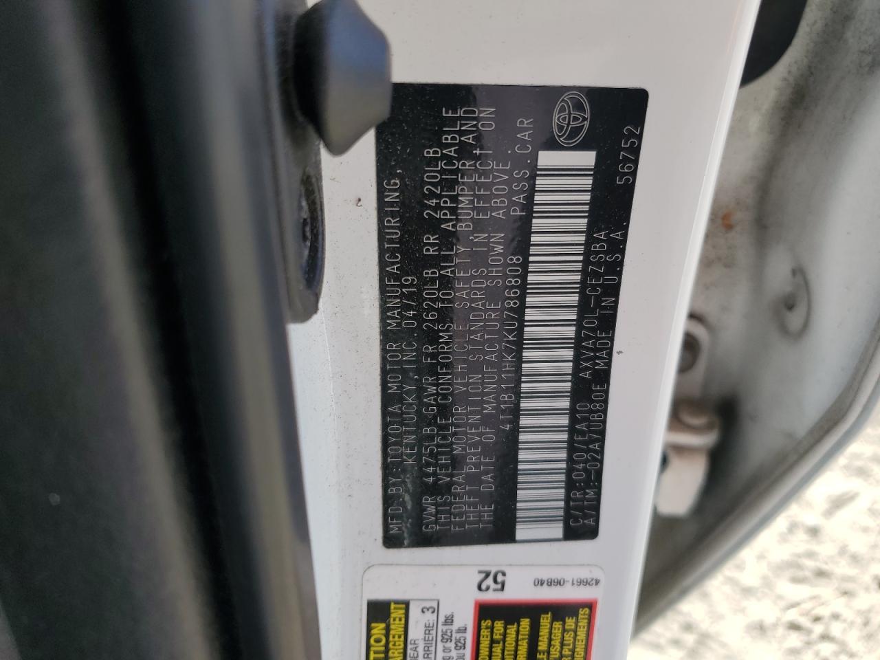 2019 Toyota Camry L VIN: 4T1B11HK7KU786808 Lot: 84890675