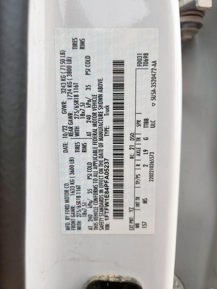 2023 Ford F150 Supercrew VIN: 1FTFW1E84PFA05237 Lot: 85869455