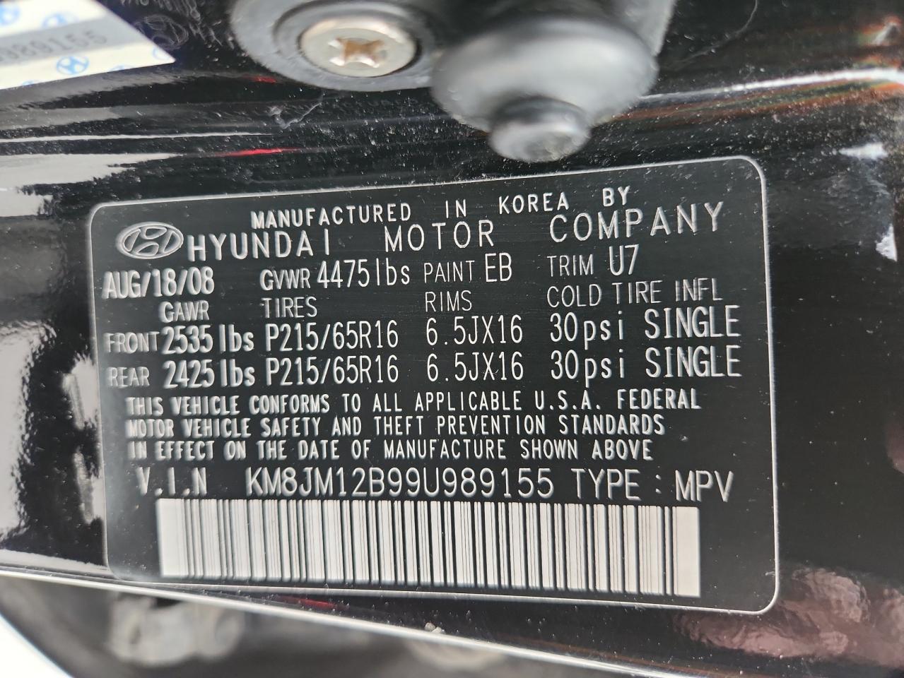 2009 Hyundai Tucson Gls VIN: KM8JM12B99U989155 Lot: 85928005