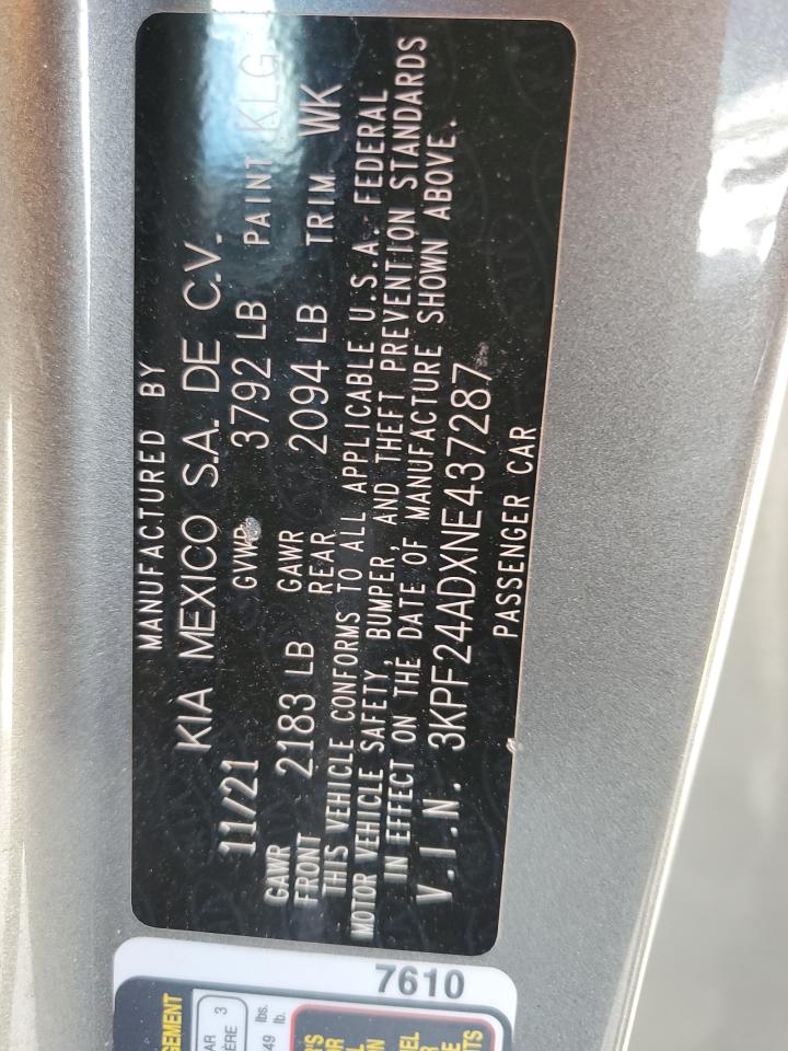 2022 Kia Forte Fe VIN: 3KPF24ADXNE437287 Lot: 85713675