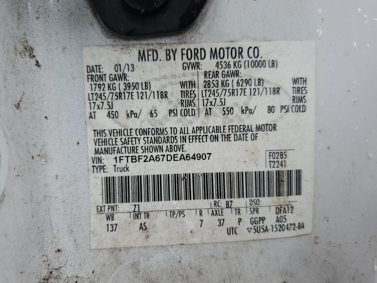 2013 Ford F250 Super Duty VIN: 1FTBF2A67DEA64907 Lot: 85475405