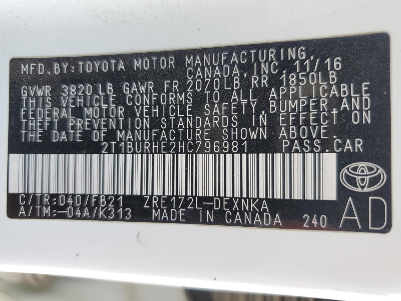 2017 Toyota Corolla L VIN: 2T1BURHE2HC796981 Lot: 84924385