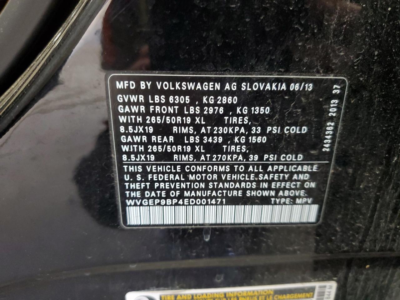 2014 Volkswagen Touareg V6 Tdi VIN: WVGEP9BP4ED001471 Lot: 89610375