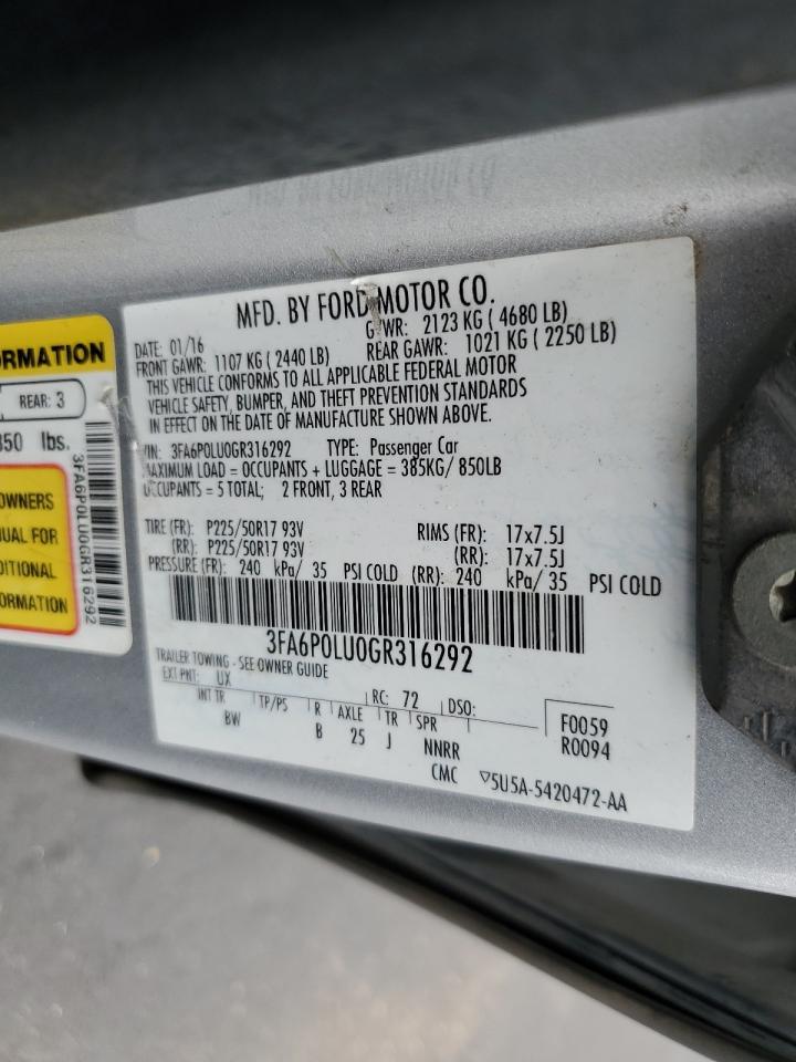 2016 Ford Fusion Se Hybrid VIN: 3FA6P0LU0GR316292 Lot: 82598985