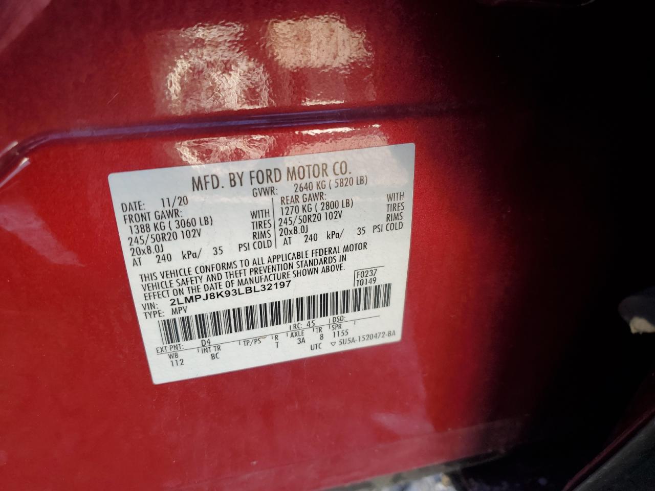 2020 Lincoln Nautilus Reserve VIN: 2LMPJ8K93LBL32197 Lot: 90359225