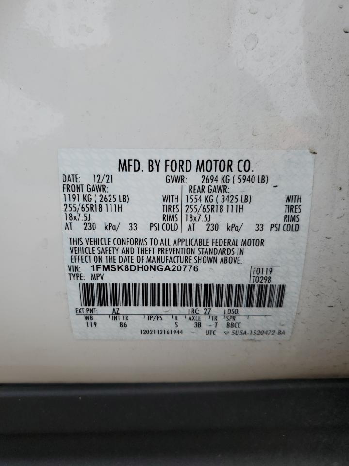 2022 Ford Explorer Xlt VIN: 1FMSK8DH0NGA20776 Lot: 82302475