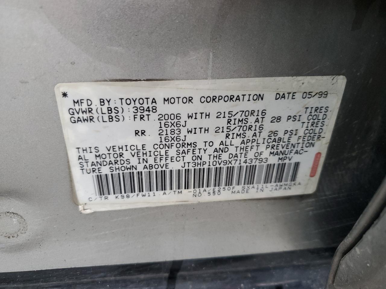 1999 Toyota Rav4 VIN: JT3HP10V9X7143793 Lot: 85707785