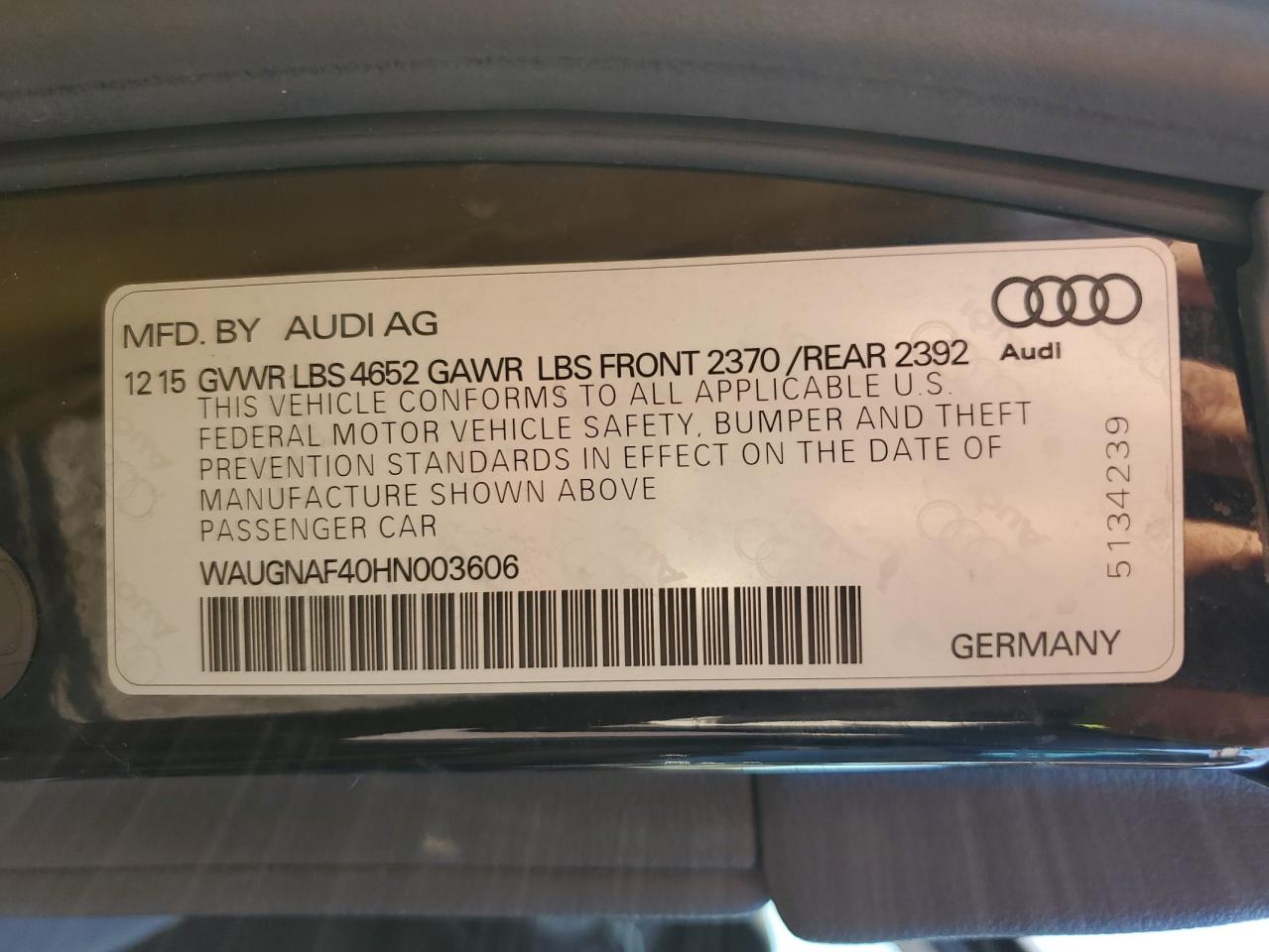 2017 Audi A4 Premium VIN: WAUGNAF40HN003606 Lot: 91112935