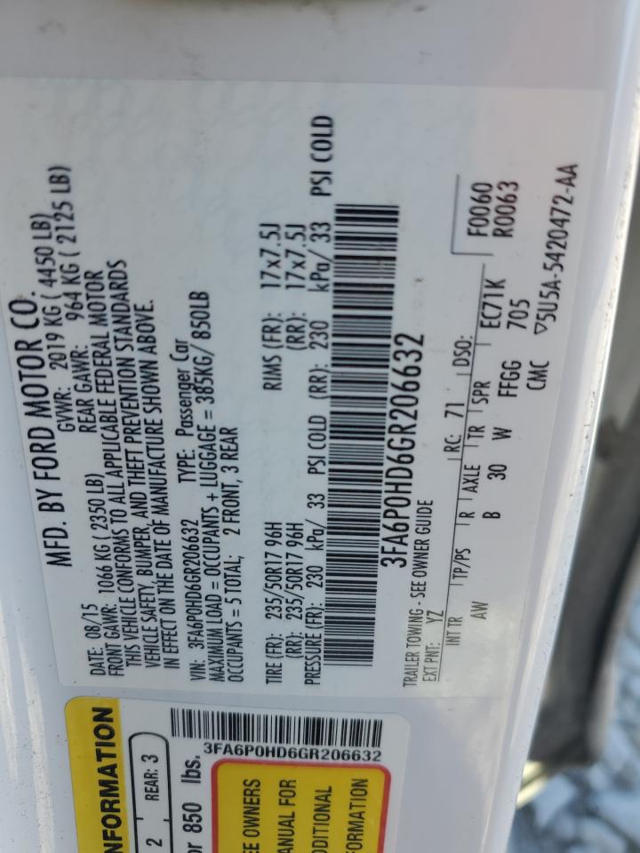 2016 Ford Fusion Se VIN: 3FA6P0HD6GR206632 Lot: 82692095