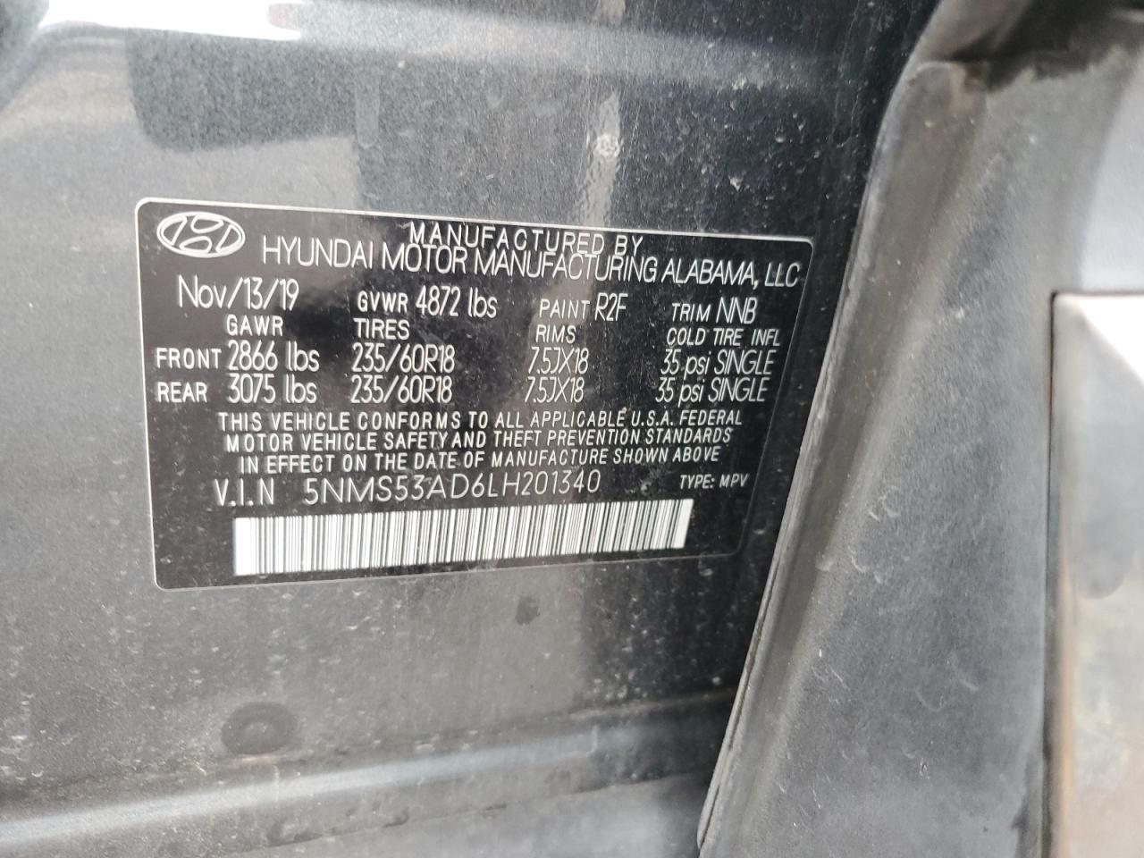 2020 Hyundai Santa Fe Limited VIN: 5NMS53AD6LH201340 Lot: 86158865