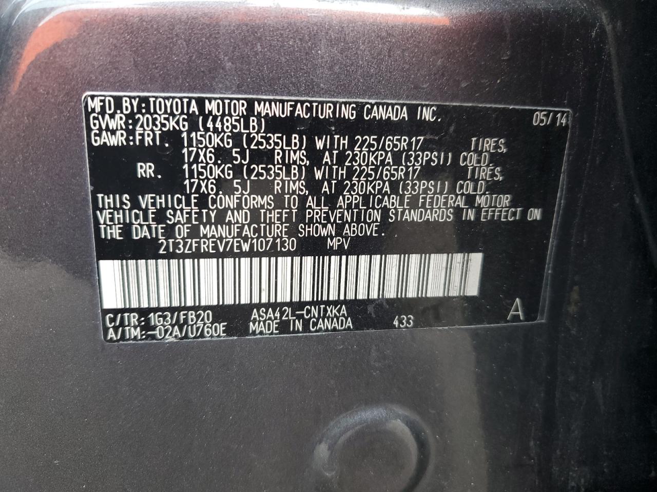 2014 Toyota Rav4 Le VIN: 2T3ZFREV7EW107130 Lot: 85837225