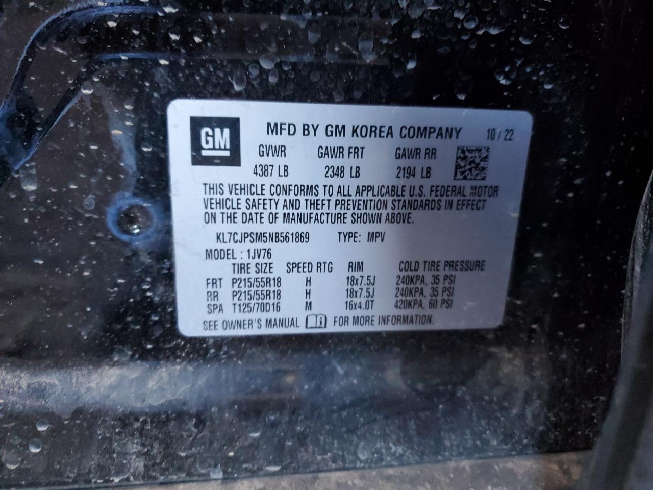 2022 Chevrolet Trax 1Lt VIN: KL7CPSM5NB561869 Lot: 82404045