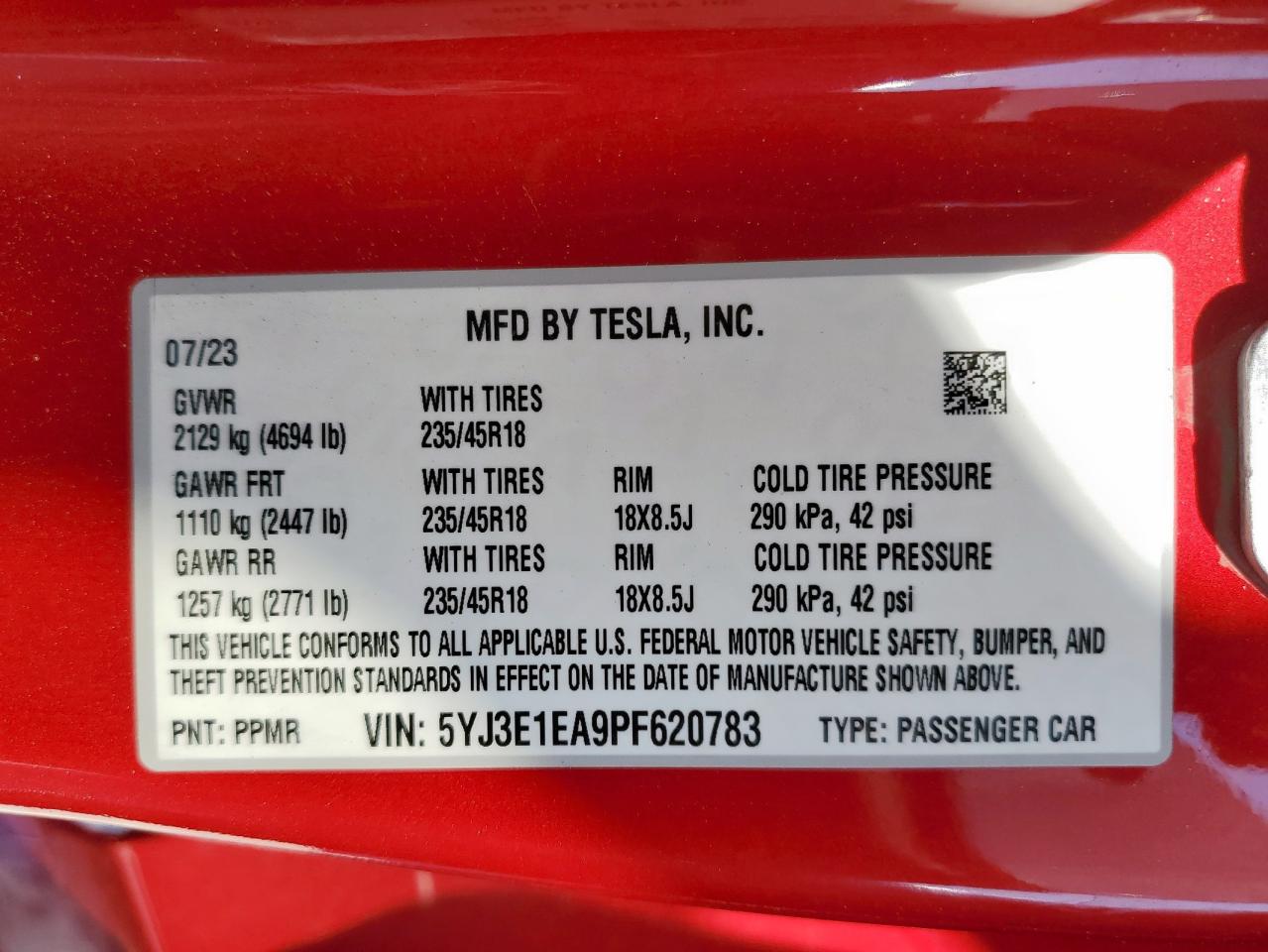 2023 Tesla Model 3 VIN: 5YJ3E1EA9PF620783 Lot: 86128945