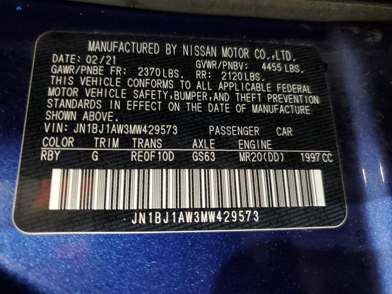 2021 Nissan Rogue Sport S VIN: JN1BJ1AW3MW429573 Lot: 86618735