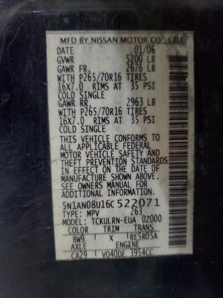 2006 Nissan Xterra Off Road VIN: 5N1AN08U16C522071 Lot: 82396775