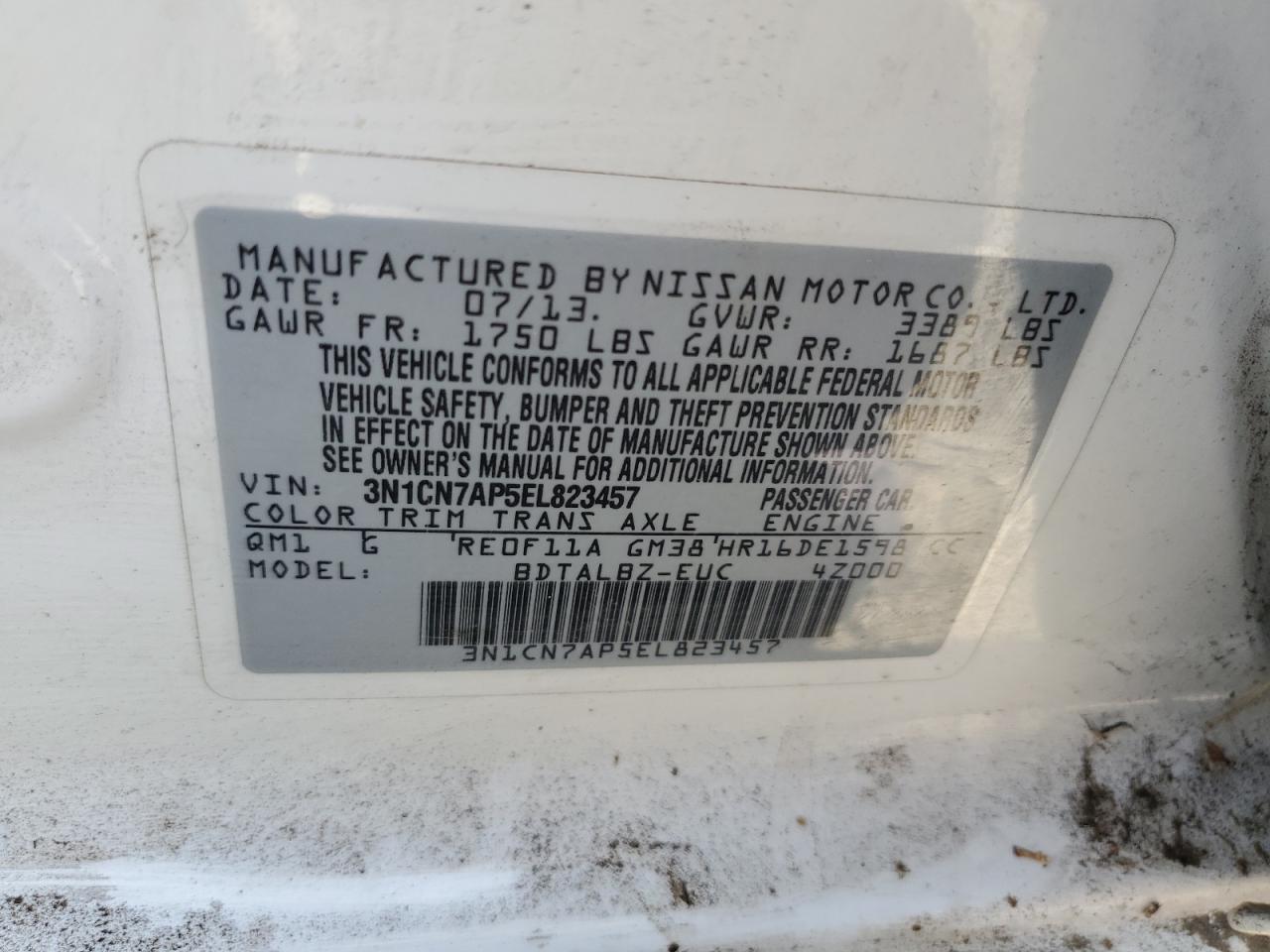 2014 Nissan Versa S VIN: 3N1CN7AP5EL823457 Lot: 82282645