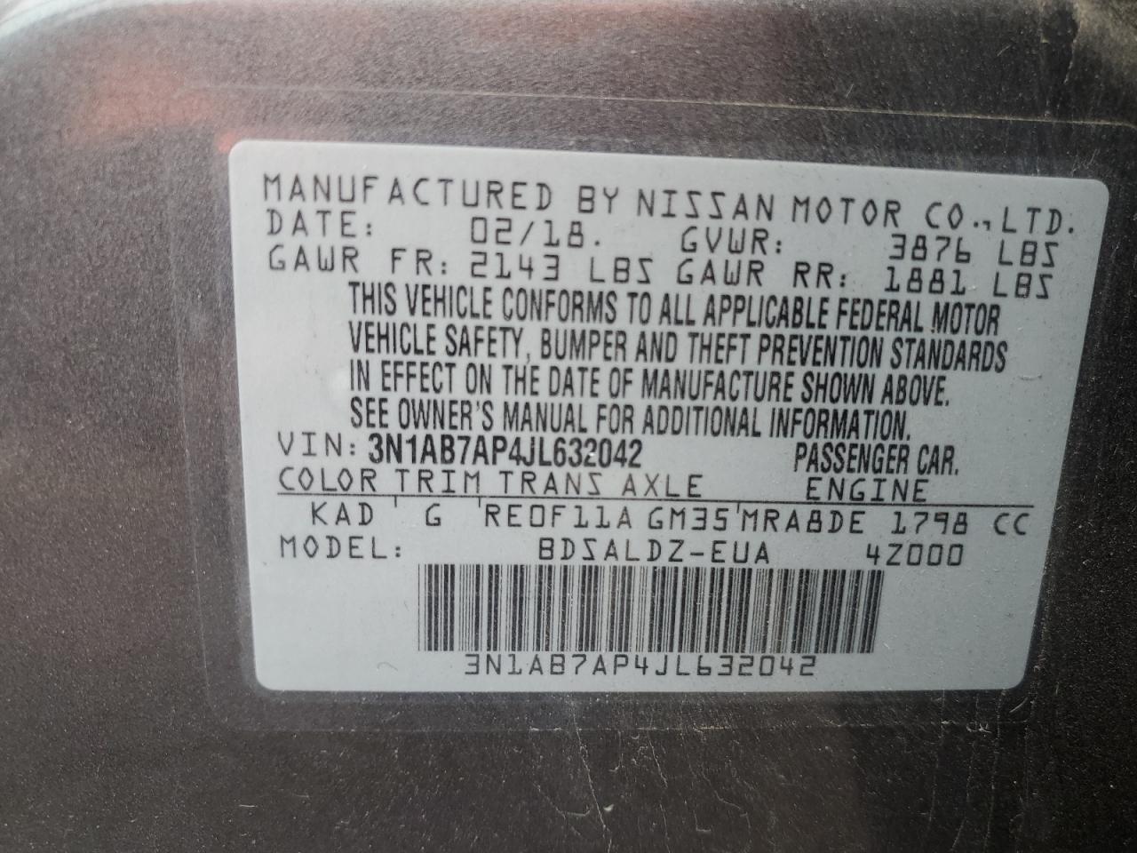 2018 Nissan Sentra S VIN: 3N1AB7AP4JL632042 Lot: 90471025