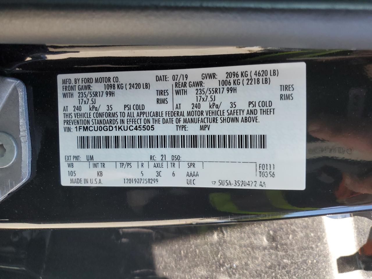 2019 Ford Escape Se VIN: 1FMCU0GD1KUC45505 Lot: 84877805