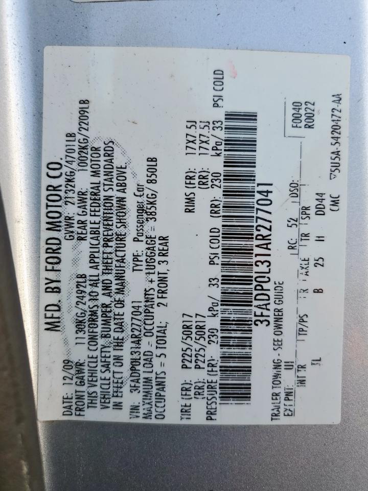 2010 Ford Fusion Hybrid VIN: 3FADP0L31AR277041 Lot: 90712635