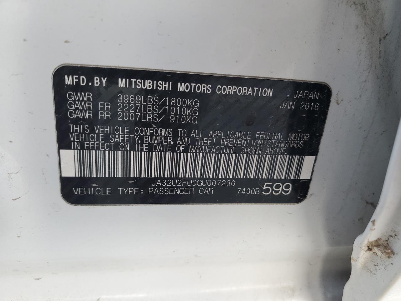 2016 Mitsubishi Lancer Es VIN: JA32U2FU0GU007230 Lot: 86148035