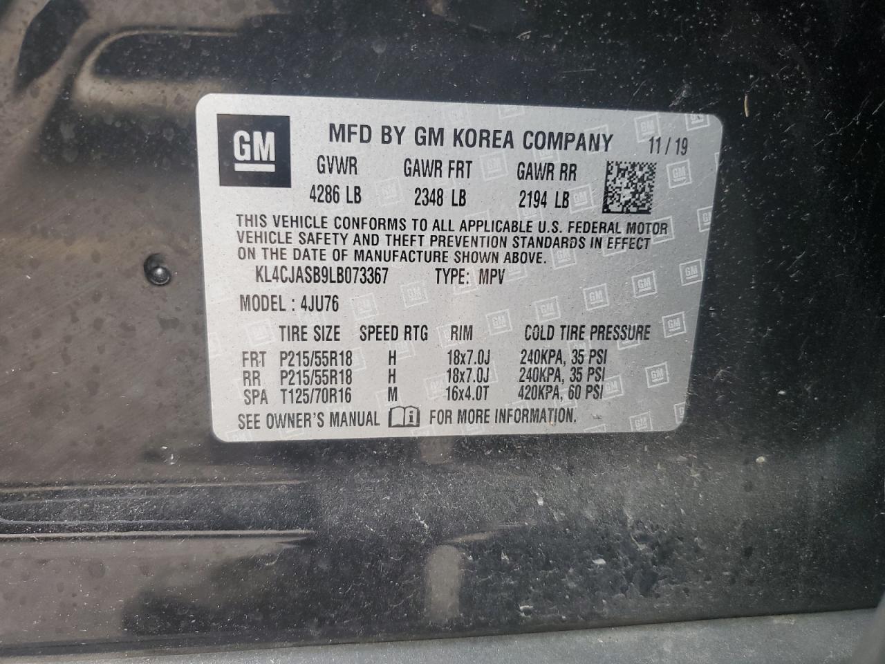 2020 Buick Encore Preferred VIN: KL4CJASB9LB073367 Lot: 82565455