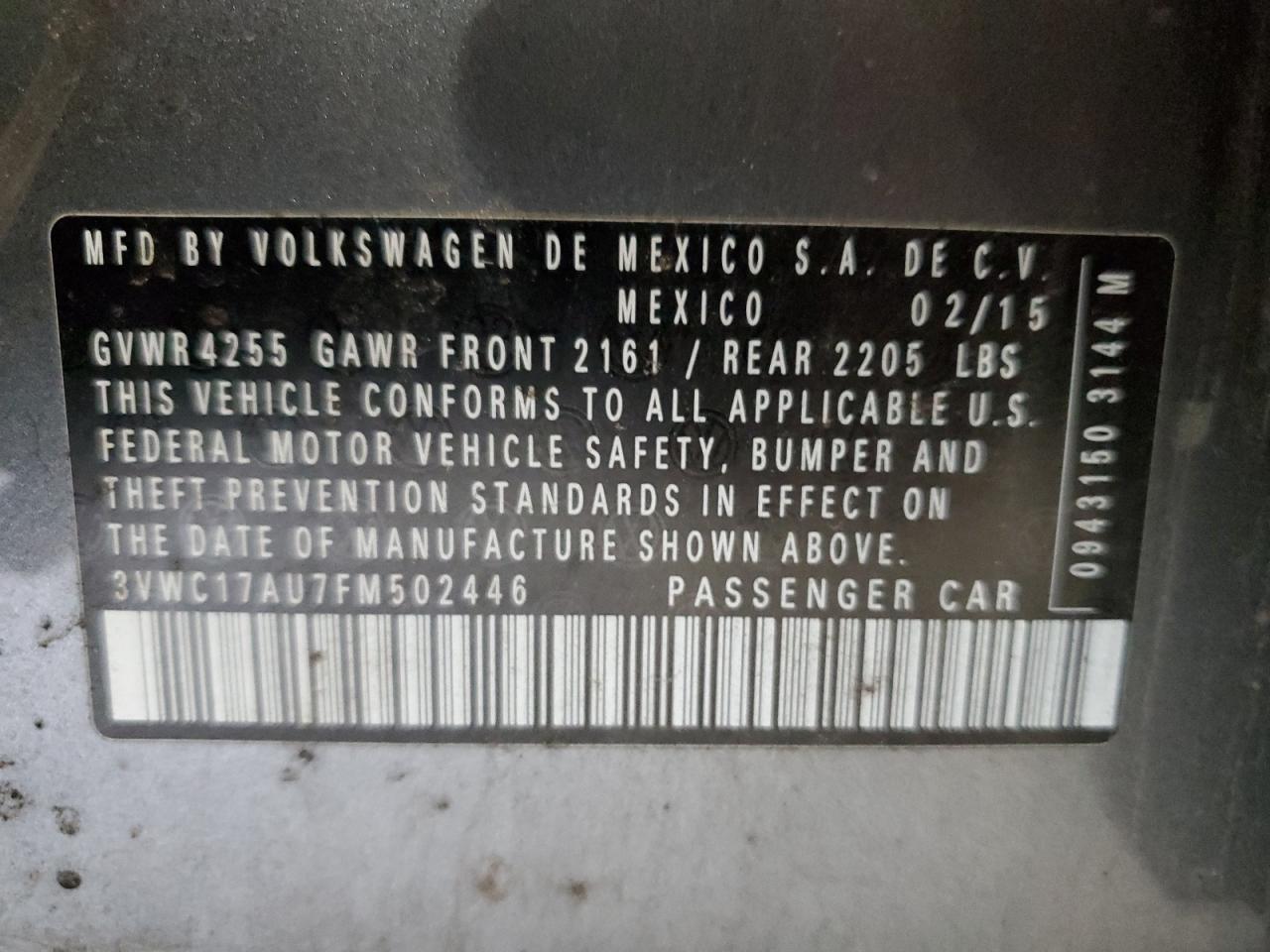 2015 Volkswagen Golf Sportwagen S VIN: 3VWC17AU7FM502446 Lot: 90067355