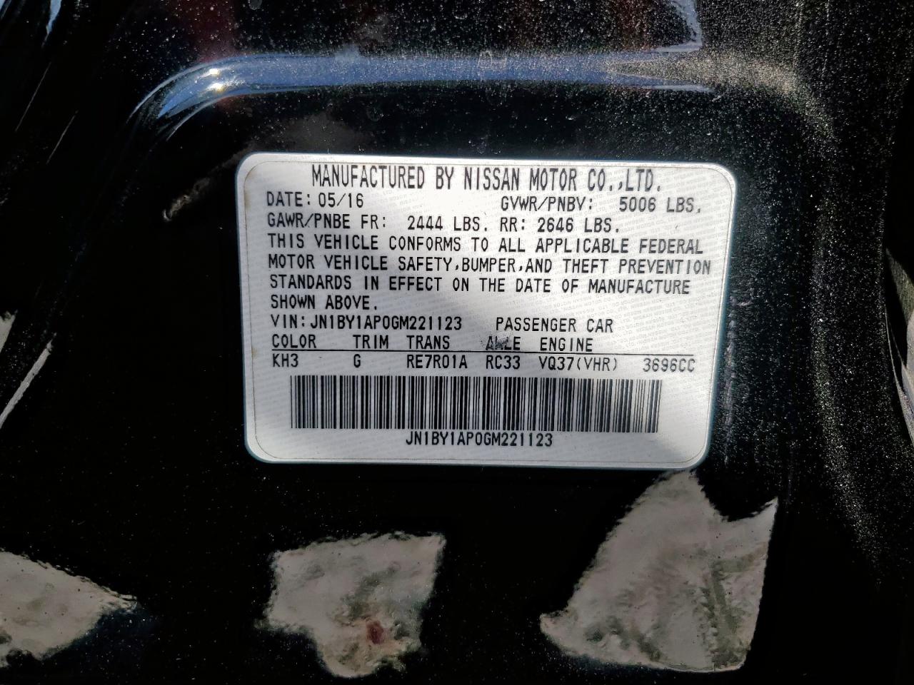 2016 Infiniti Q70 3.7 VIN: JN1BY1AP0GM221123 Lot: 85350255