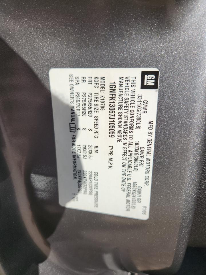 2007 Chevrolet Tahoe K1500 VIN: 1GNFK13067J105059 Lot: 84232775