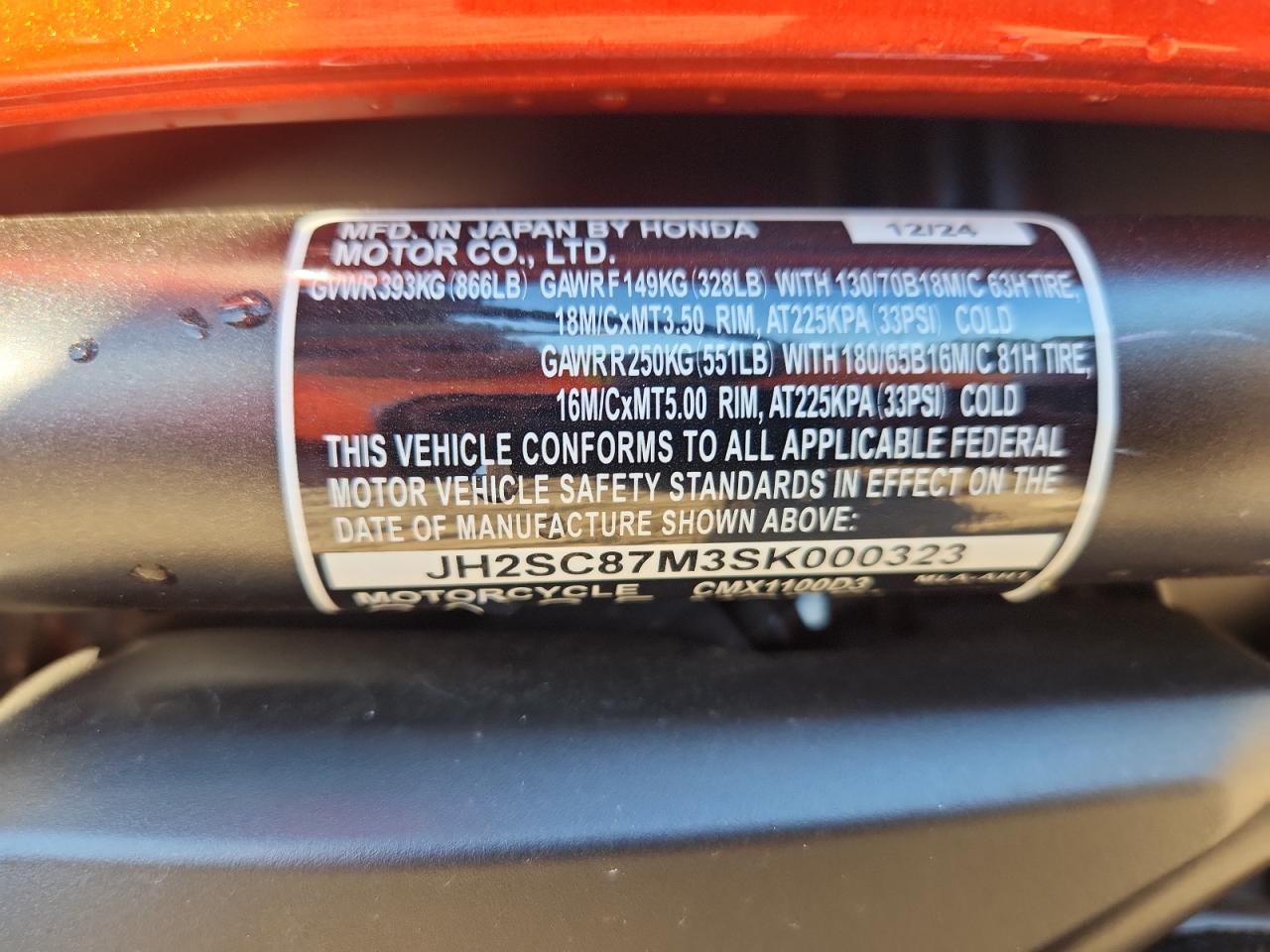 2025 Honda Cmx1100 D3 VIN: JH2SC87M3SK000323 Lot: 87475455