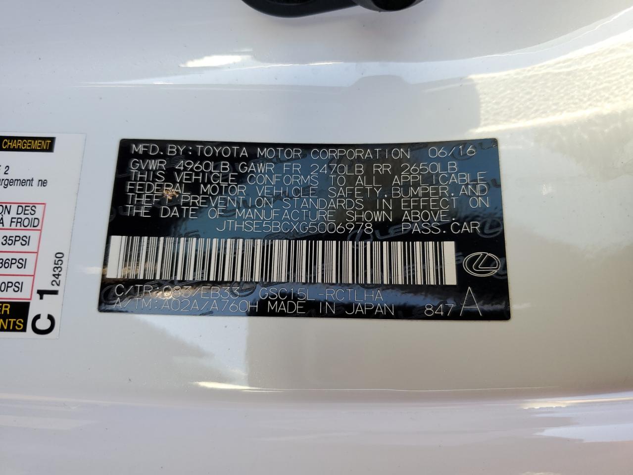 2016 Lexus Rc 350 VIN: JTHSE5BCXG5006978 Lot: 86288045