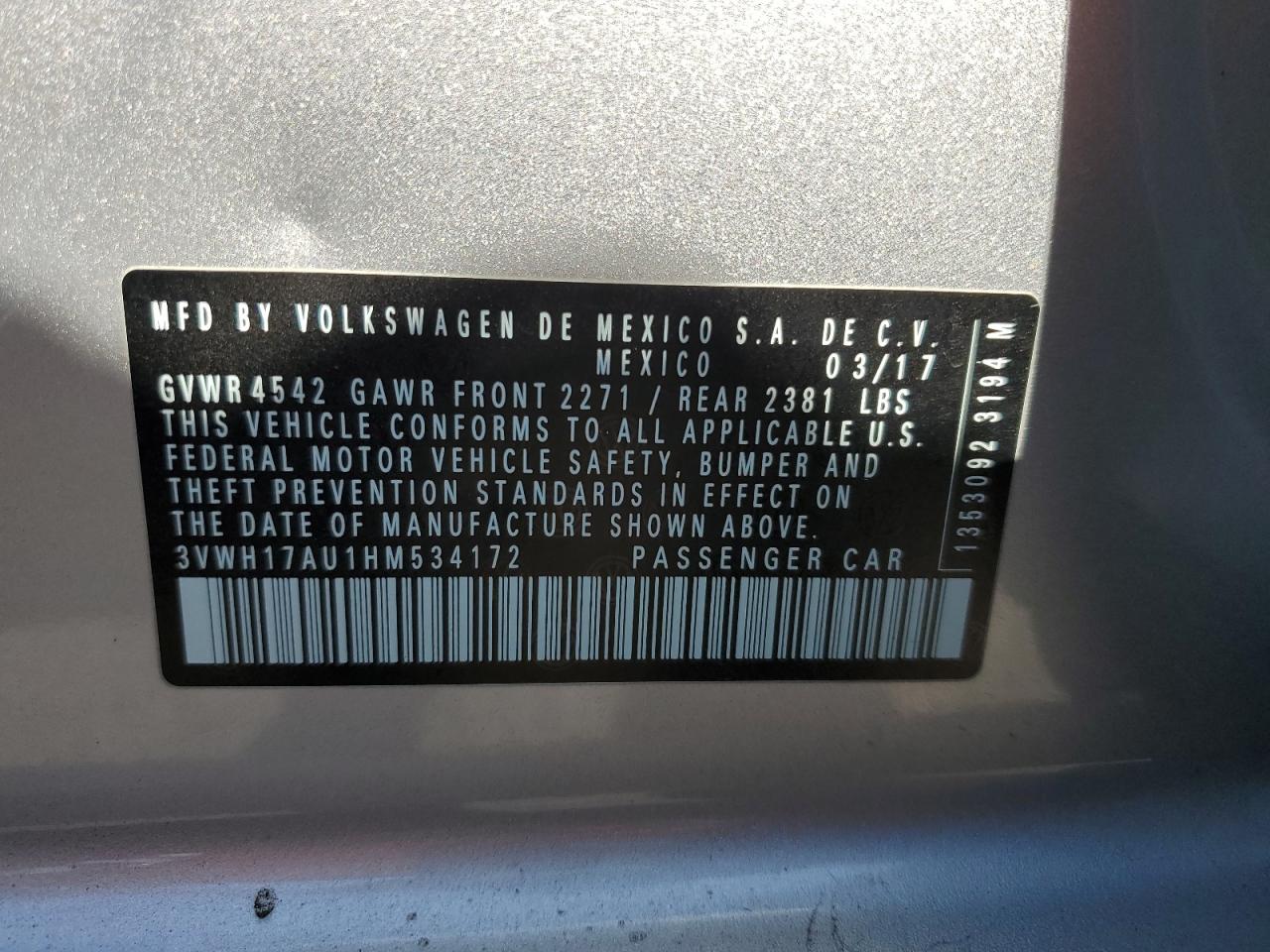 2017 Volkswagen Golf Alltrack S VIN: 3VWH17AU1HM534172 Lot: 90290515