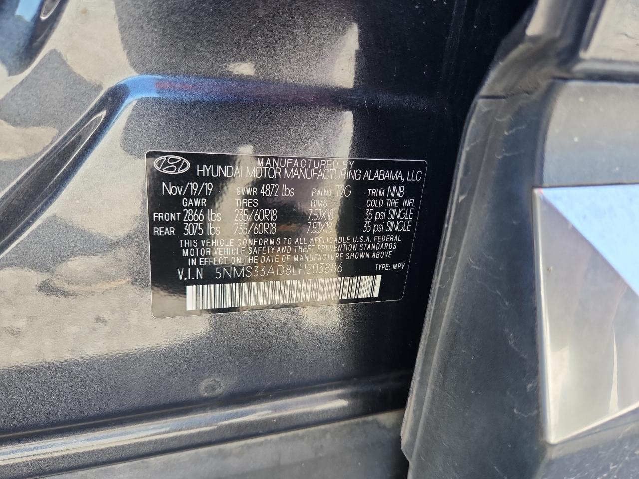 2020 Hyundai Santa Fe Sel VIN: 5NMS33AD8LH203886 Lot: 81980555