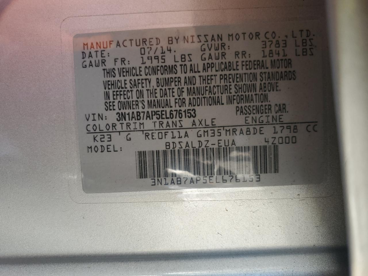 2014 Nissan Sentra S VIN: 3N1AB7AP5EL676153 Lot: 84836345