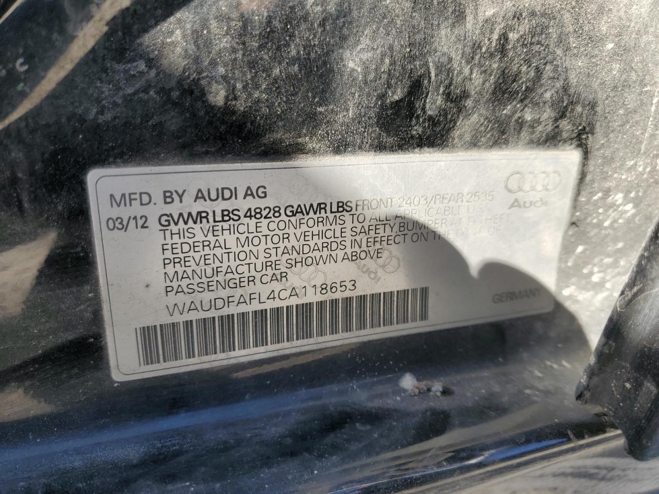 2012 Audi A4 Premium VIN: WAUDFAFL4CA118653 Lot: 86635915