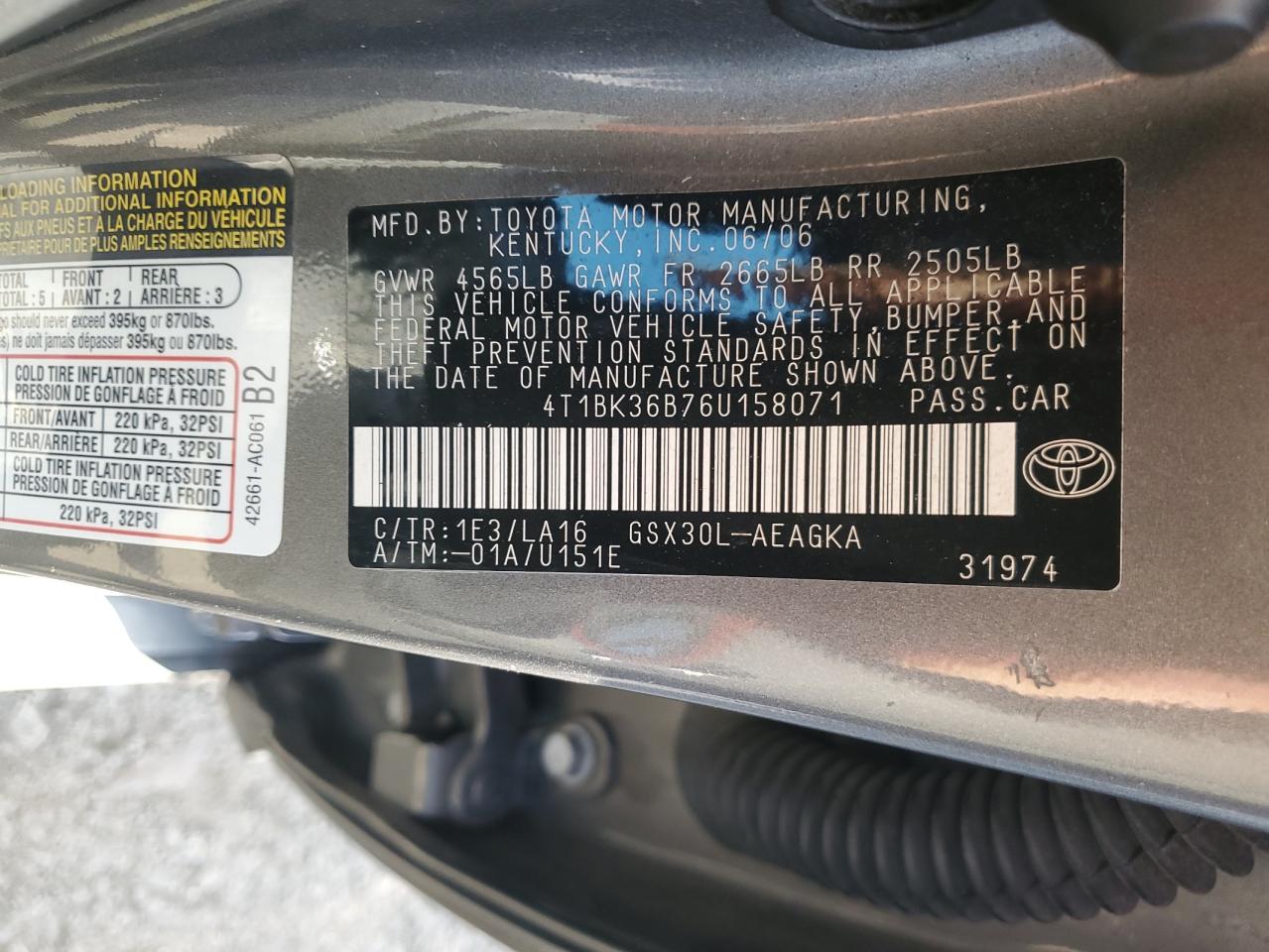 2006 Toyota Avalon Xl VIN: 4T1BK36B76U158071 Lot: 89522515