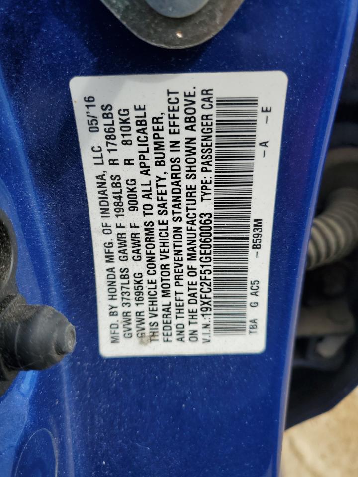 2016 Honda Civic Lx VIN: 19XFC2F51GE060063 Lot: 86103915