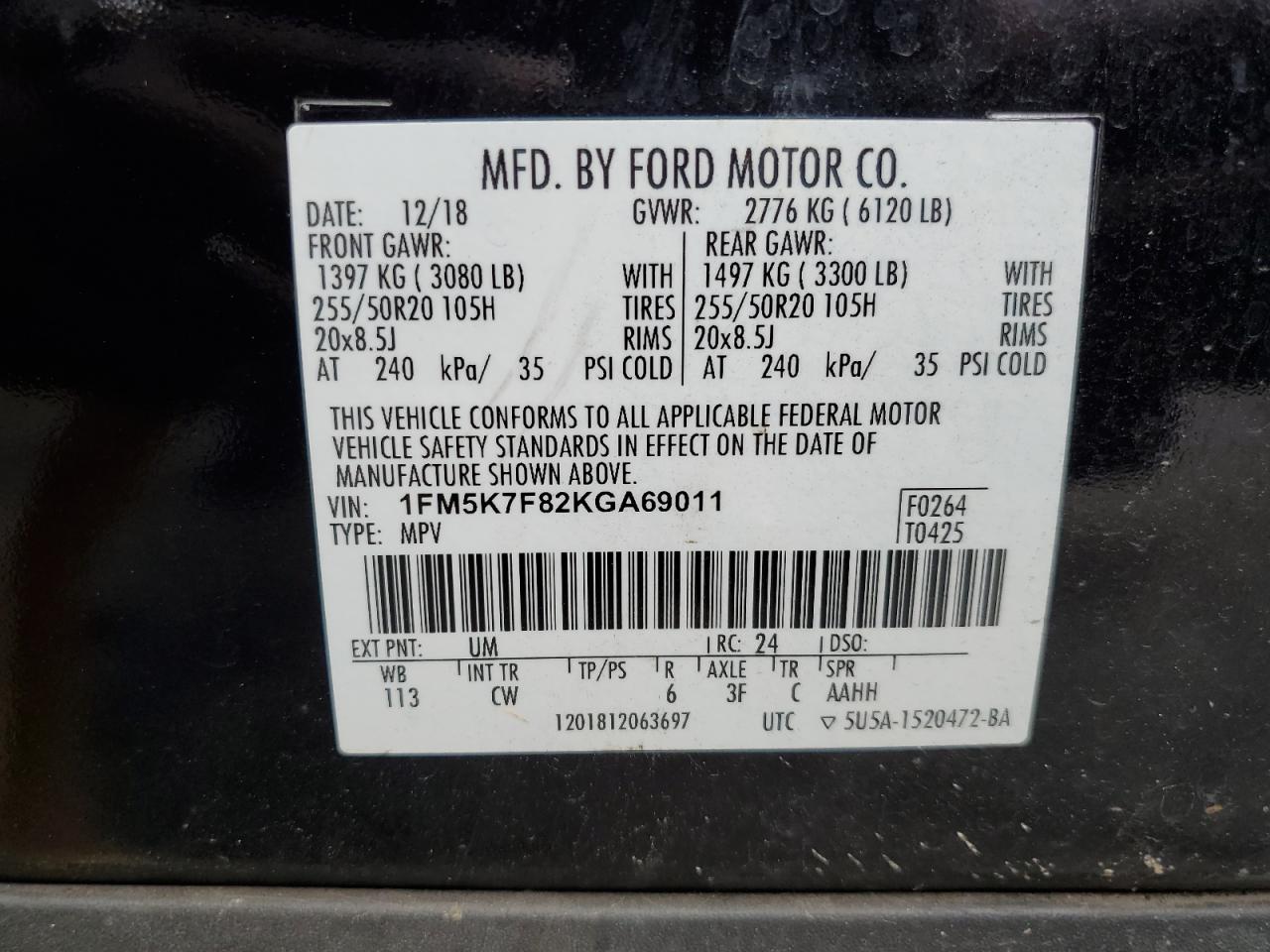 2019 Ford Explorer Limited VIN: 1FM5K7F82KGA69011 Lot: 85579295