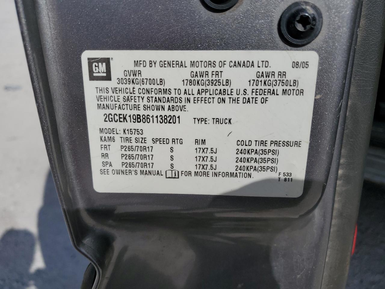 2006 Chevrolet Silverado K1500 VIN: 2GCEK19B861138201 Lot: 85184105