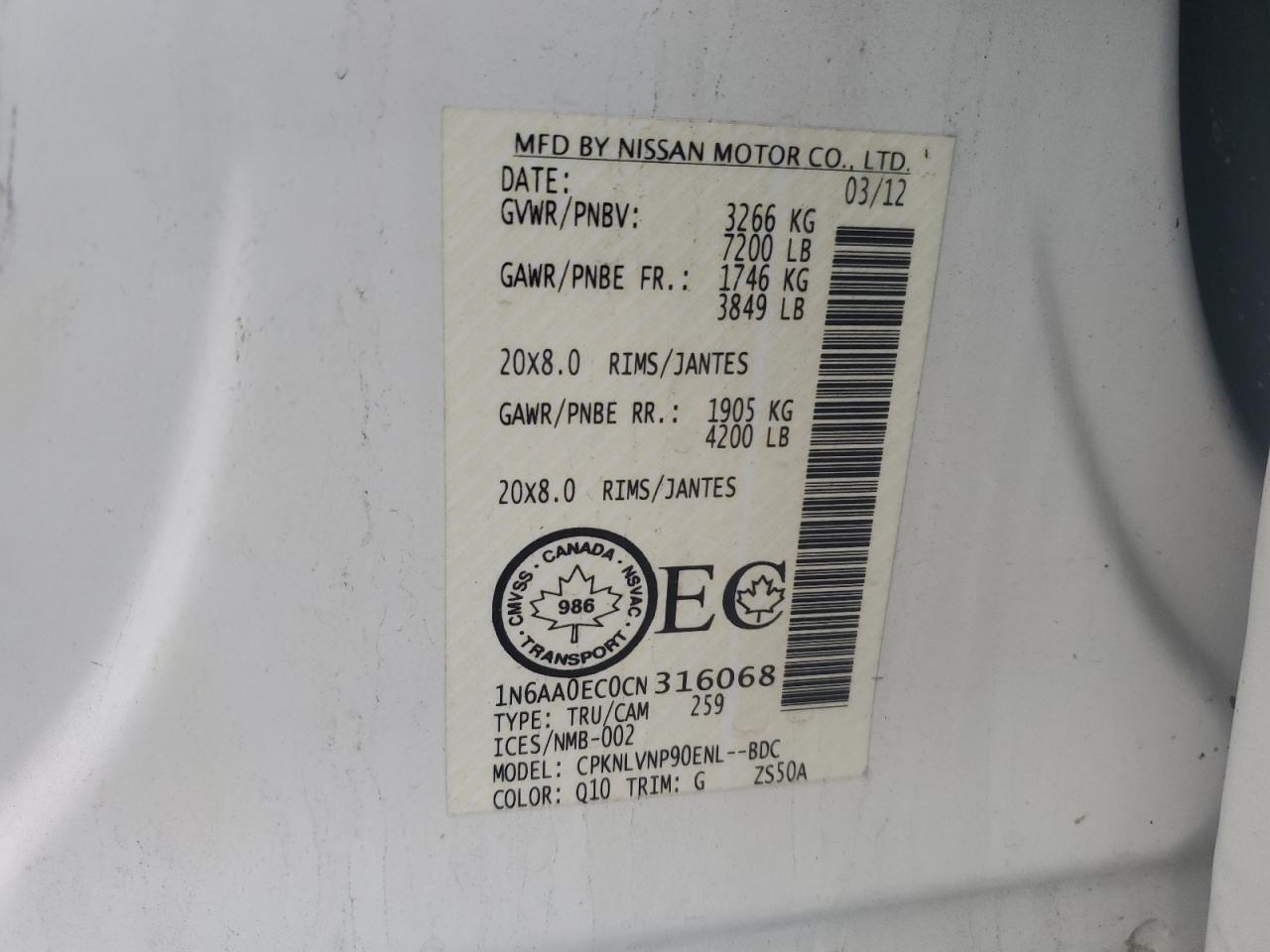 2012 Nissan Titan S VIN: 1N6AA0EC0CN316068 Lot: 82373115