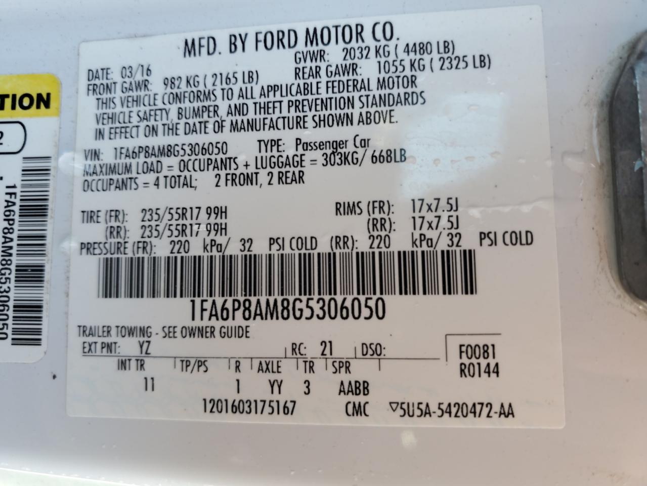 2016 Ford Mustang VIN: 1FA6P8AM8G5306050 Lot: 85385945