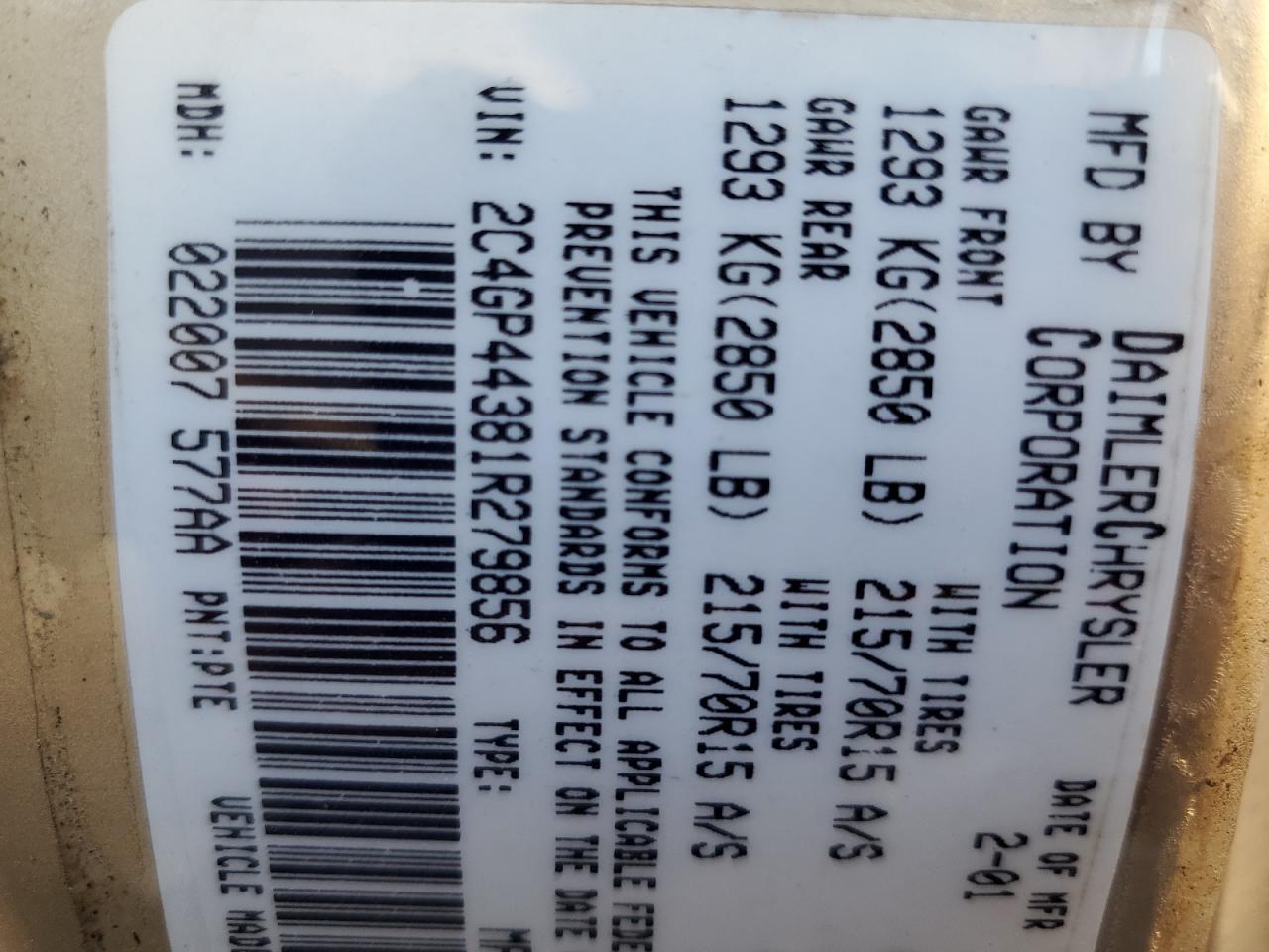 2001 Chrysler Town & Country Lx VIN: 2C4GP44381R279856 Lot: 81527345