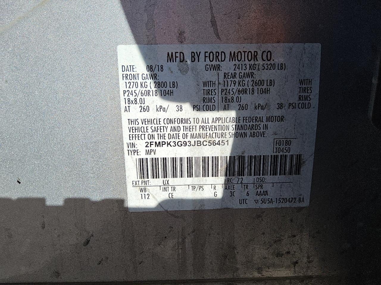 2018 Ford Edge Se VIN: 2FMPK3G93JBC56451 Lot: 86405845