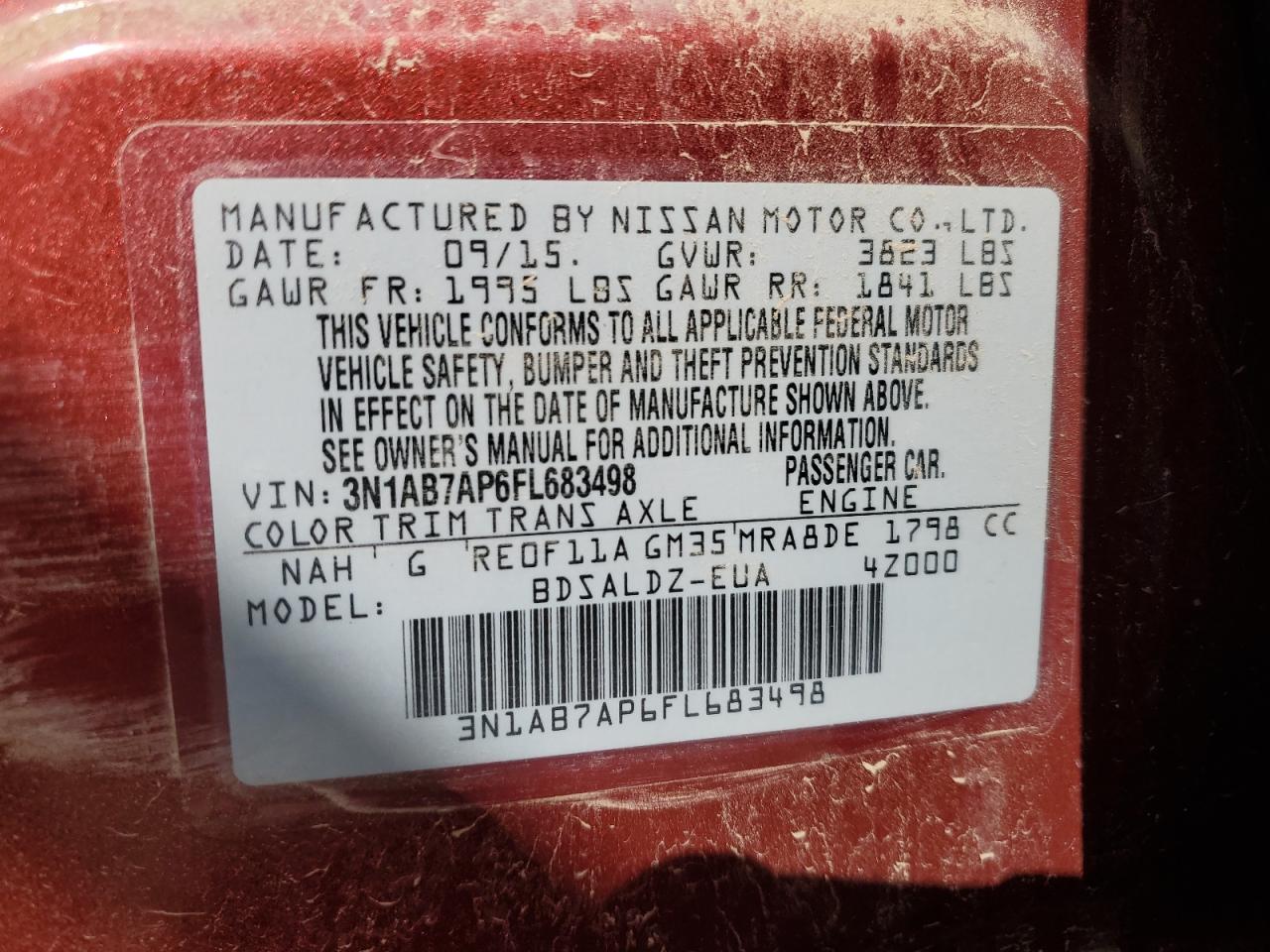 2015 Nissan Sentra S VIN: 3N1AB7AP6FL683498 Lot: 71877295
