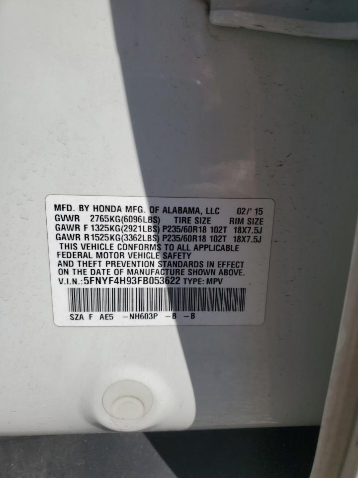 2015 Honda Pilot Touring VIN: 5FNYF4H93FB053622 Lot: 85289355