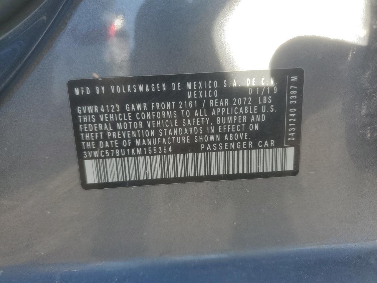 2019 Volkswagen Jetta S VIN: 3VWC57BU1KM155354 Lot: 85919505
