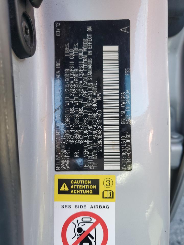 2012 Lexus Rx 350 VIN: 2T2BK1BA8CC151463 Lot: 86338385