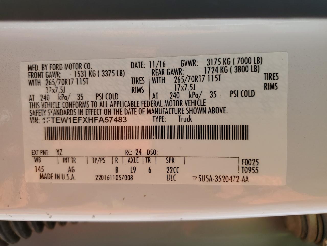 2017 Ford F150 Supercrew VIN: 1FTEW1EFXHFA57483 Lot: 89734755