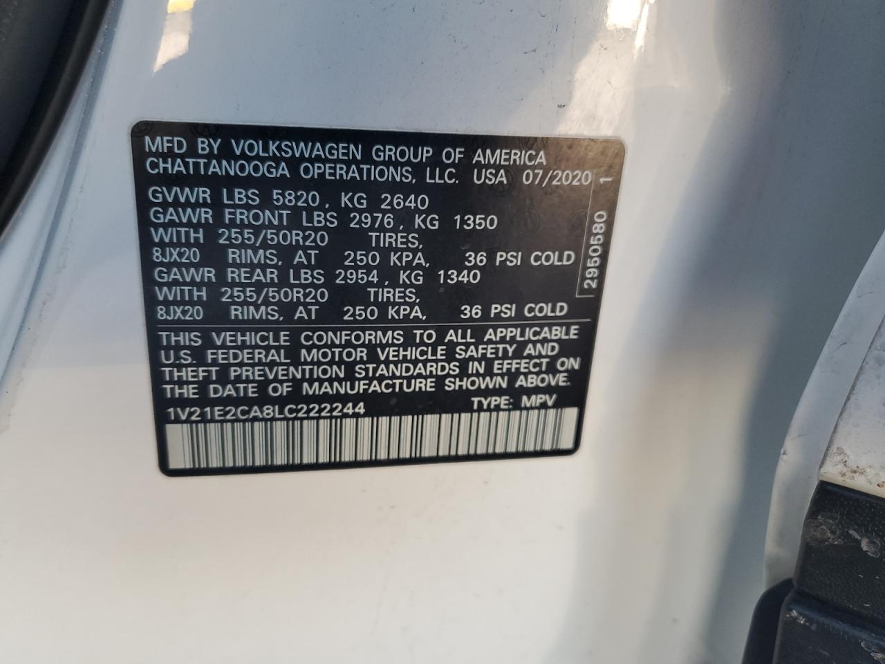 2020 Volkswagen Atlas Cross Sport Se VIN: 1V21E2CA8LC222244 Lot: 90309365