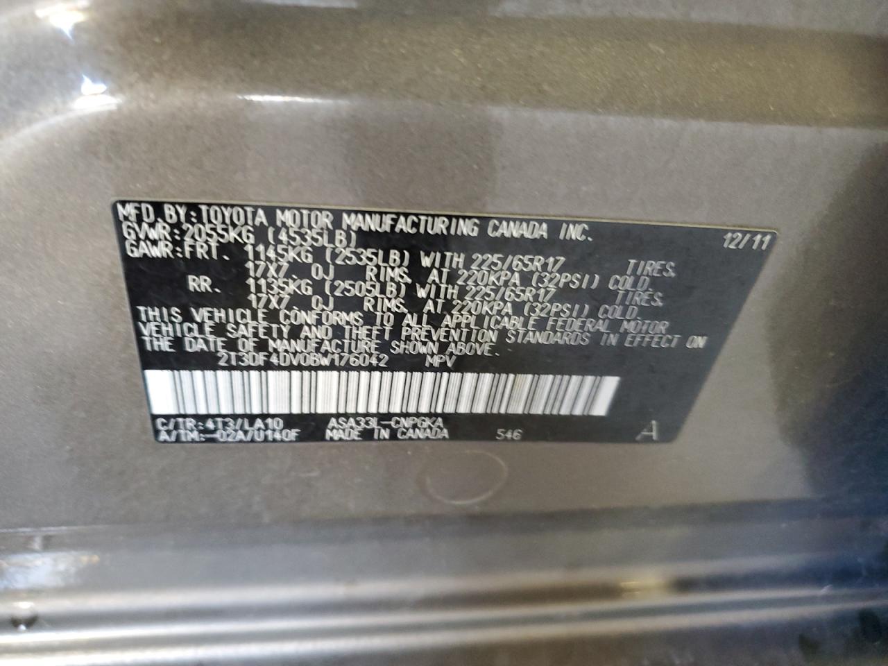 2011 Toyota Rav4 Limited VIN: 2T3DF4DV0BW176042 Lot: 87457875