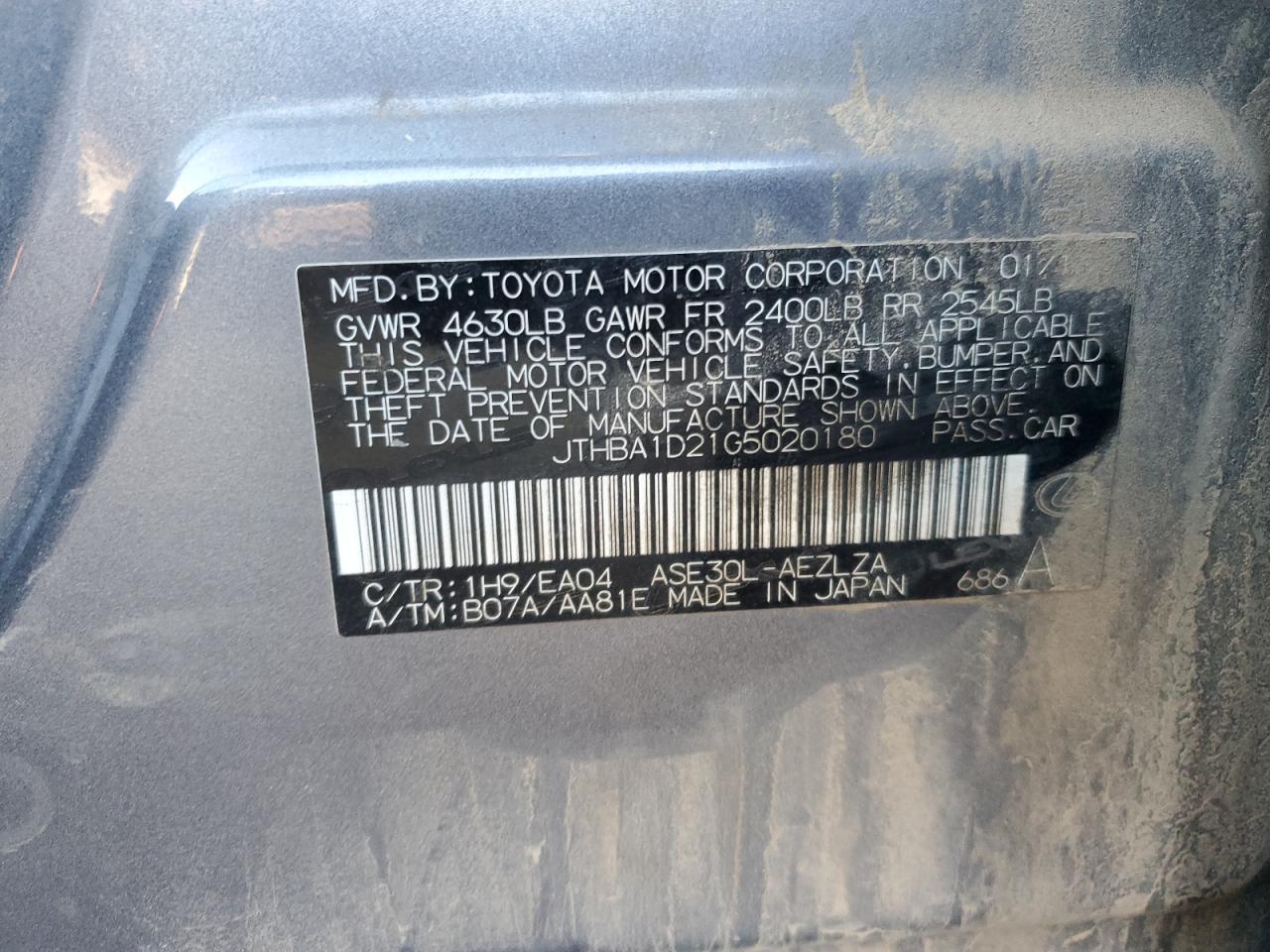 2016 Lexus Is 200T VIN: JTHBA1D21G5020180 Lot: 87252565